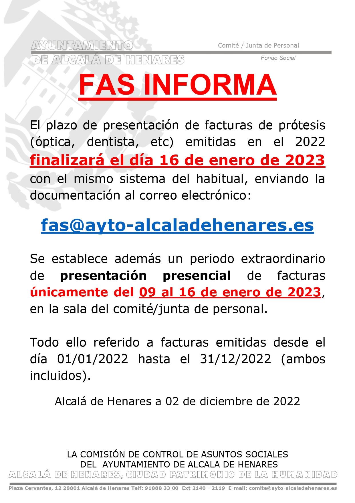 Finalización Del Plazo De Presentación De Facturas Del Fas Del Año 2022 Ccoo Ayto Alcalá De 9025